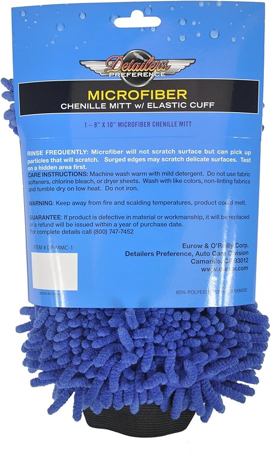 Detailer's Preference Double-Sided Premium Chenille Microfiber Wash Mitt, Wet or Dry, Perfect for Car Washing and Detailing, Absorbent, Scratch-Free, and Lint-Free, Blue