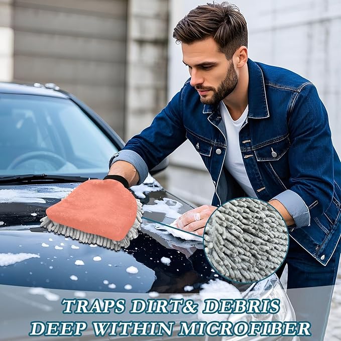 Qilmy Red-Orange Color Microfiber Chenille Car Wash Sponge Scratch Free Car Wash Mitt Absorbent Mitt Sponge for Trucks SUVs Car Washing Home Cleaning, Medium