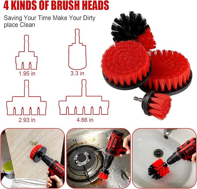 Amiss 18 PCS Car Cleaning Tools Kit, Car Detailing Brush Set with Driller Attachment Set, Car Wash Kit, Car Cleaning Brushes for Cleaning Interior, Exterior, Wheels, Etc. (Red)