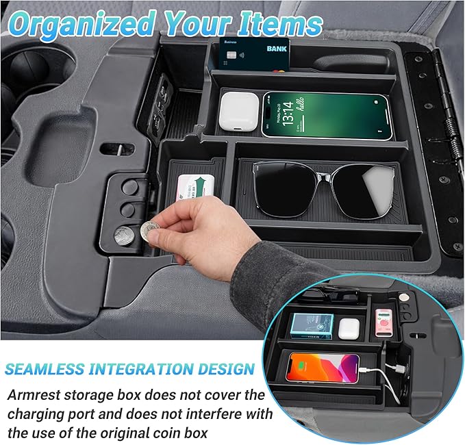 Center Console Organizer Compatible with 2013-2024 Dodge RAM 1500/1500 Classic, 2013-2026 RAM 2500/3500 Accessories, Armrest Storage Box Tray (Only fit for Jump Seat with Three Cup Holders)