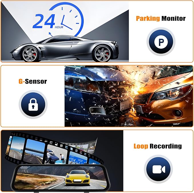 CAMECHO 3 Channel Mirror Dash Cam, 9.66" WiFi Triple Rear View Mirror with Front 1080P, Inside and Rear Cameras with G-Sensor, Night Vision, Loop Recording, Reverse Assist, APP Control, 64GB TF Card