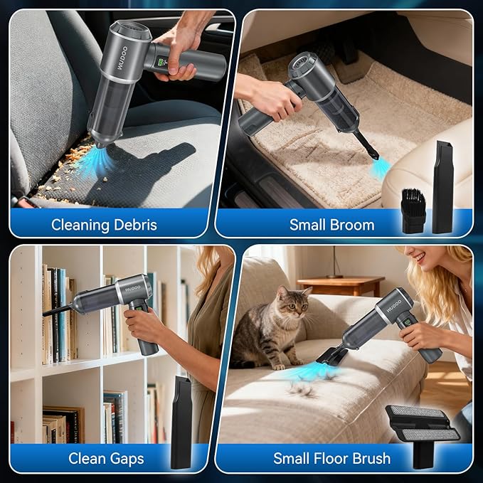 WUDOO 4-in-1 Car Vacuum Cleaner Portable Cordless Dust Remover 20,000 Pa Brushless Motor Powerful Handheld Wireless Charging Vacuum Cleaner LED Light, Multi-Nozzles for Car, Home, Office, Pet