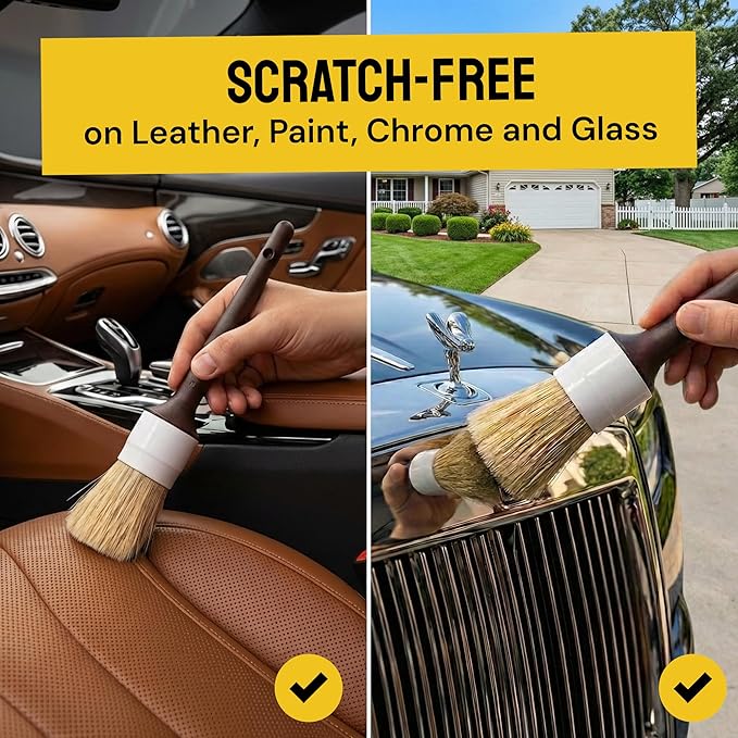 Detail Dudes Car Detailing Brush Set 3-pc - Scratch-Free Boars Hair for Interior and Exterior Work - Pro Quality Car Cleaning Brush Kit for Leather Seats, Dashboards, Wheels, Grills and Paint
