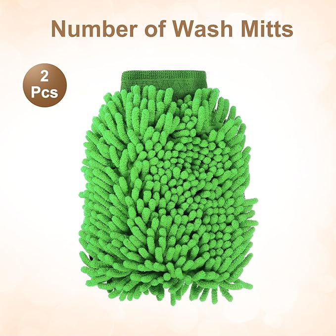 HARFINGTON 2pcs Chenille Microfiber Car Wash Mitts 9.8" x 7.9" Scratch Free Wash Gloves Absorbent Double Sided Plush Cleaning Drying Mitts for Car Washing Home Clean, Green