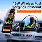 Car Mount Charger 15W Magnetic Phone Holder with Type-C Retractable Cable and RGB Light, Mag Wireless Charging Phone Mount for Air Vent Compatible with iPhone, Samsung, All Smartphones (Gray)