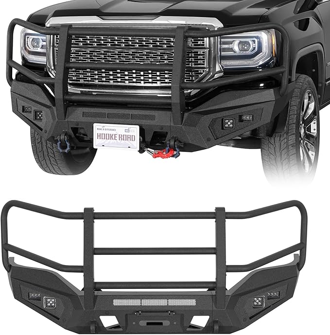Hooke Road 16-18 Sierra Front Bumper Grille Brush Guard Push Bull Bar for 2016-2018 GMC Sierra 1500, Off-road Heavy Duty Steel Bumper with Winch Plate, D-ring Mounts & LED Lights