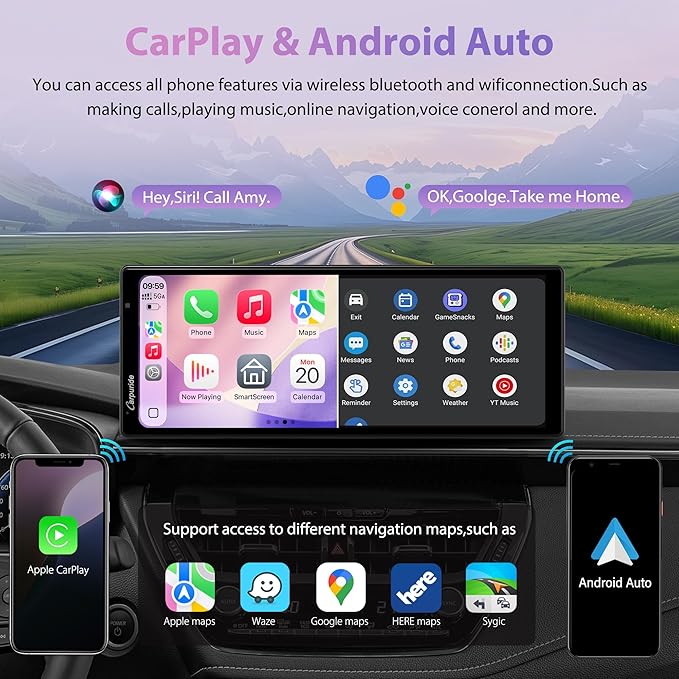 CARPURIDE W903S3 9.3 Inch HD Wireless Carplay & Android Auto Screen, 4K Front + Wired 1080P Rear + Infrared Camera, with Loop Recording, Bluetooth, Voice Control, GPS, FM, Super Link, 64GB TF