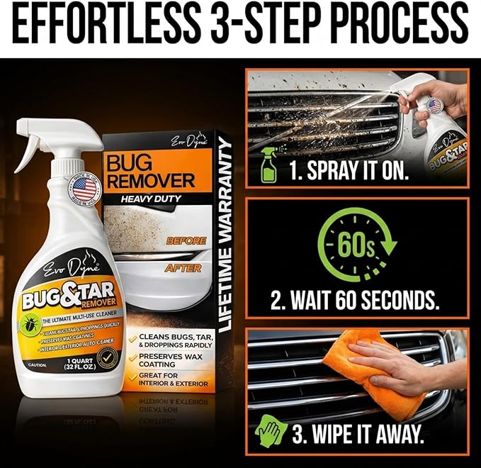 Evo Dyne Bug Remover for Car Detailing (32 fl oz Per Bottle), Made in the USA - Car Interior Cleaner Removes Tar, Droppings, Guts, Dirt, Grease | Ultimate Tree Sap Remover