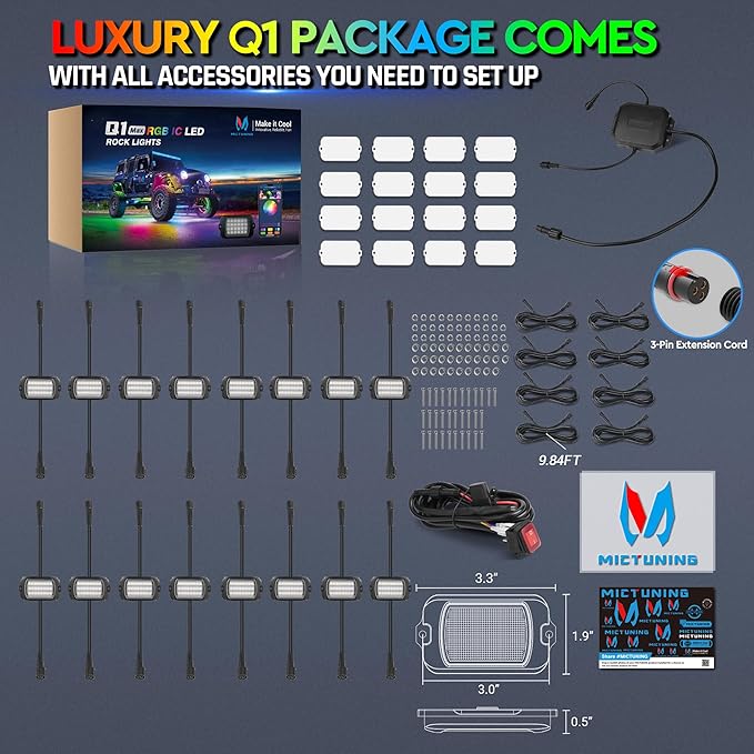MICTUNING Q1 MAX RGB+IC Rock Lights 16 Pods Kit, 384 Beams 1000% Brighter Chasing Dreamcolor Underglow Neon Lights, APP Control Multicolor Extensible Underbody Lighting Kit for Truck ATV UTV Boat