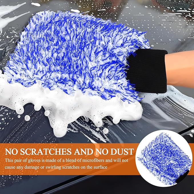 2PCS Car Wash Mitt, 11"×8" Cyclone Microfiber Cleaning Mitt for Cars, Scratch-Free & Lint-Free, Double Sided Automotive Washing Gloves, Universal Auto Cleaning Supplies (Blue+White)