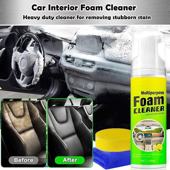 Car Interior Cleaner Foam - Car Dashboard, Seat, Carpet, Upholstery Cleaner, Auto Interior Detailing Spray Leather Vinyl Plastic Cleaner - Remove Stain & Grime & Grease - 150ml