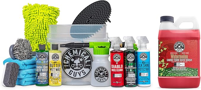 Chemical Guys CWS20864CW 14-Piece Arsenal Builder Car Wash Kit W/Foam Gun, Bucket and (5) 16 oz Car Care Cleaning Chemicals (Works w/Garden Hose) with Watermelon Snow Foam Car Wash Soap, 64 oz