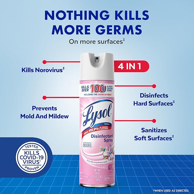 Lysol Disinfectant Spray, Sanitizing and Antibacterial Spray, For Disinfecting and Deodorizing, Early Morning Breeze, 1 Count, 12.5 fl oz each, Packaging may vary
