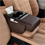 Zpana Car Center Console Armrest Pillow, Memory Foam Leather 4 in 1 Vehicle Arm Rest Cover with Tissue Box 2 Side Storage Bag Cup & Phone Holder, Auto Armrest Cushion, Universal Fit (Brown)