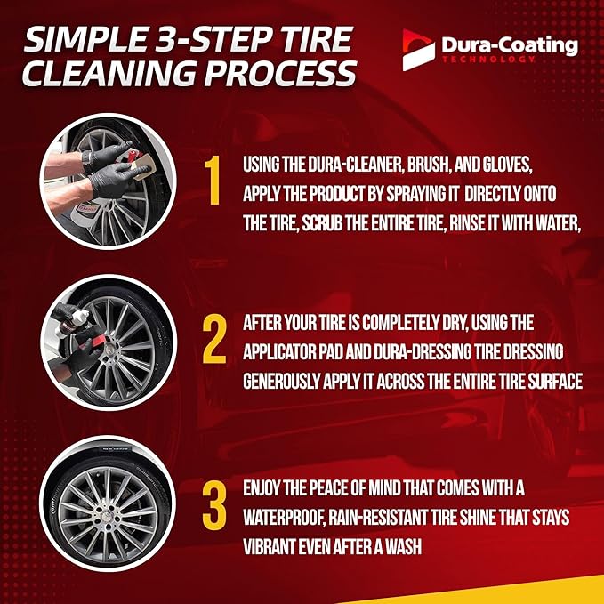 DURA-COATING TECHNOLOGY, Dressing Total Tire Kit - Single Size Car Kit - Tire Dressing, Cleaning and Restoration Kit for Cars - High Gloss Coating to Renew and Protect Your Tires - Made in USA