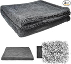 Sun Walker Car Drying Towel Set, 24"×36" Ultra Absorbent 1200 GSM Auto Cleaning Cloth with Wash Mitt & Glass Towel, Scratch-Free Streak-Free Microfiber Drying Towels for Car Truck SUV