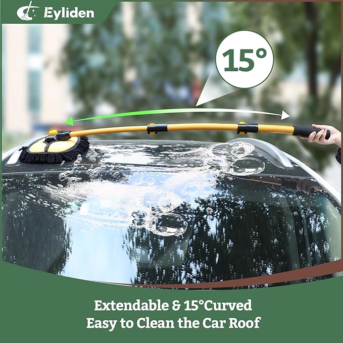 Eyliden Car Wash Brush Mop with Long Handle, 180° Swivel Head with 45° Angle Lock, 2 Scratch-Free Microfiber Heads, Car Detailing Kit for Car Truck RV, Yellow & Black