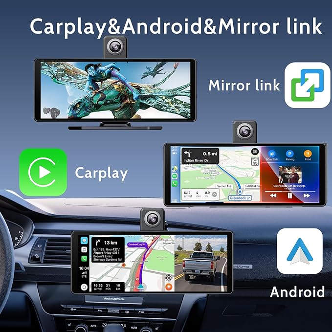 10.26 Inch Wireless Apple CarPlay & Android Auto Screen for Car with 4K Dash Cam,Ultra-Light Touchscreen, IP68 1080P Backup Camera, GPS Navigation, Voice Control, Mirror Link(64GB U3 Card)
