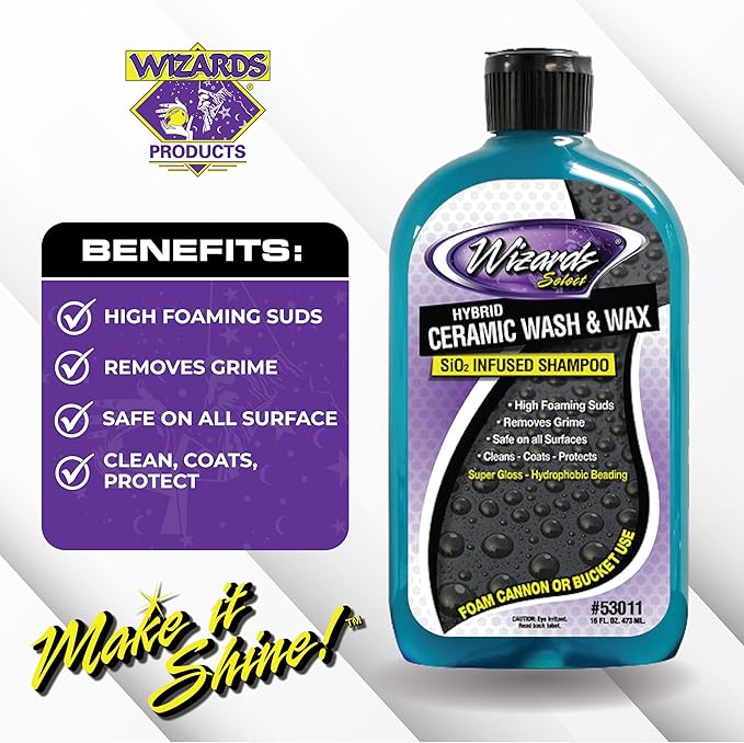 Wizards Hybrid Ceramic Car Wash and Wax Wash Si02 Infused Shampoo - Cleans, Coats & Protects Car Wash Liquid for Mechanics & Car Enthusiasts