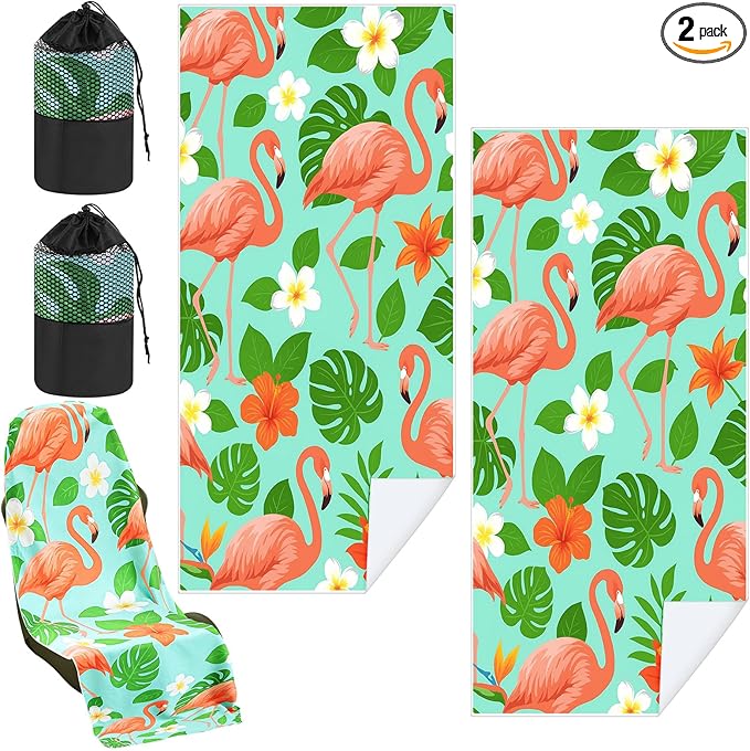 Hahafelt 2 Pack Car Seat Towel Covers with Storage Bag, 63 x 32 Inch Universal Non Slip Waterproof Sweat Protector for Car Truck, Gym Swimming Running, Machine Washable (Green Leaf Flamingo)