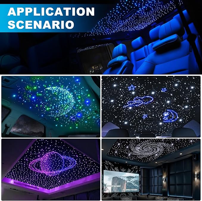 4 Colors 32W Twinkle Car Starlight Headliner Kit 1200pcs*0.03in*13.1ft with APP&RF Remote,RGBW Fiber Optic Strands Star Roof Lights,4 Port Engine Sound Activated Ceiling Star Lights for Home/Car Decor