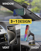 Scosche Qi2 Wireless MagSafe Car Mount Charger, 15W Magnetic Suction Cup Windshield/Dashboard Cell Phone Holder with Vent Clip & Fast USB-C Car Charger Compatible with Apple iPhone 16/15/14/13/12, S25