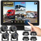 1080P Wired Backup Camera System for Truck/RV, 9" HD Touch DVR Quad Split Monitor 4 Side Rear View Cameras, 64GB Card Reverse Camera for Trailer/Tractor/Bus, Waterproof IR Night Vision Parking Line