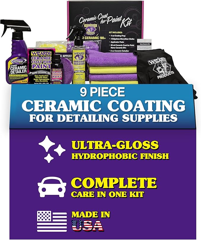 Wizards Ceramic Coat for Paint Kit - 9 Piece Ceramic Coating for Detailing Supplies - Provides High Gloss, Luster, Shine and Protection for Vehicles - Versatile Car Scratch Remover for Auto Detailing