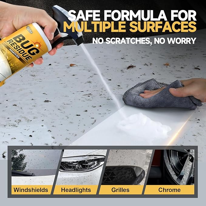 Bug Remover for Cars Exterior - Tree Sap Remover for Car, Quickly Dissolves Bird Poop, Water Spots, Resin & Grease - Safe on Paint, Glass, Chrome & Rubber, Microfiber Towel for Easy Cleaning, 16 fl oz