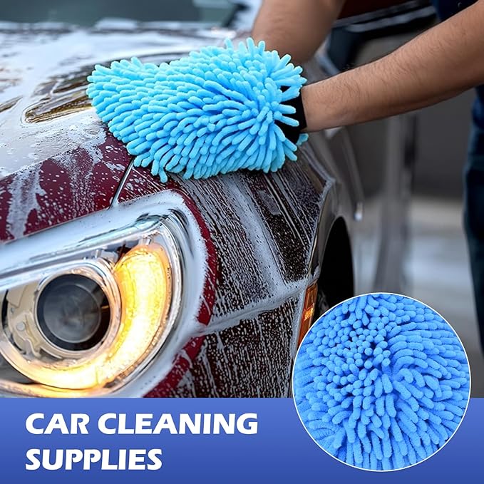 4Pcs Car Wash Mitt Microfiber Gloves Chenille Material Microfiber Towels for Car Washing Supplies Kit Scratch Free Cleaning Fluorescent Green