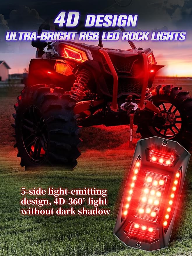 4 Pods 5-Sides Full Angle RGB LED Rock Lights High Brightness 36 Beads RGB 5050 IP68 Waterproof Underglow Multicolor Zone Neon Exterior Rock Lights for 12V Trucks Jeep UTV ATV RZR Offroad Pickup SUV