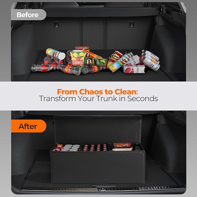 Fyzeoty Car Organizers and Storage - Trunk Organizer for Suv Car,Car Trunk Leather Storage Box,Extra Large,Magnetic Lid,Collapsible and Adjustable Trapezoidal-Black