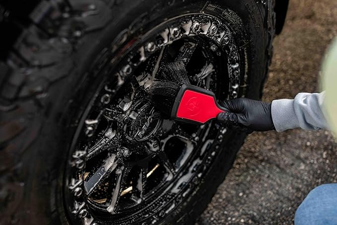 Detail Factory - ProGrip Wheel Face Brush - Ergonomic ProGrip Handle - Premium Wheel Cleaner Brush - Soft Flagged-Tip Bristles - Red & Black