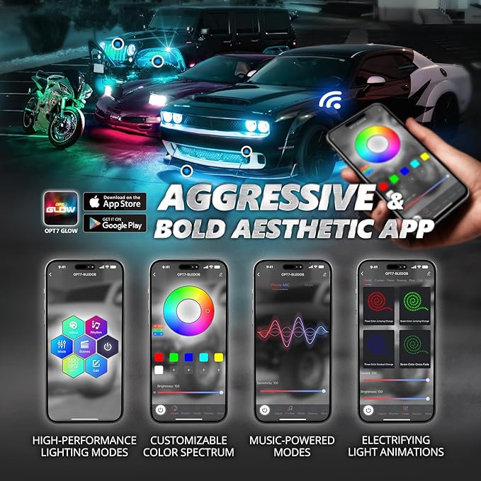 OPT7 Aura Pro Engine Bay Lights w/App & Remote Control, 4PCS 24” Waterproof Underhood LED Light Strips, RGB Multi-Color Music Sync Decoration for Pickup Truck Tacoma Tundra 4Runner Dodge Durango