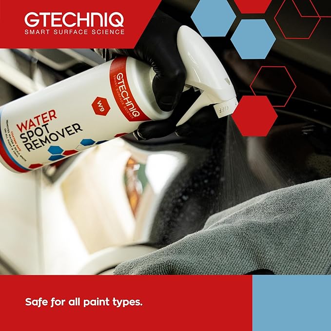 Gtechniq W9 Water Spot Remover for Cars, 33.8 fl oz | Advanced Solution Easily Removes Stubborn Water and Silica Spots from Bodywork, Suitable for Glass, All Paint Types and Vinyl