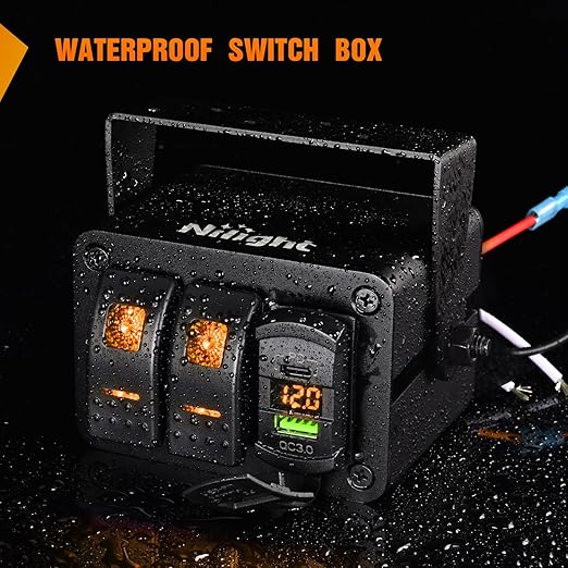 Nilight 2 Gang Rocker Switch Box 12V SPST ON Off Toggle Switches PD Type C and QC 3.0 USB Sockcet Voltmeter Orange LED Light Waterproof Aluminum Mount Bracket Panel DIY Stickers for Boat Car RV Truck