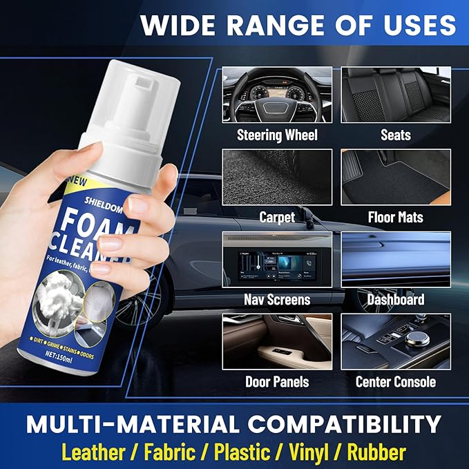 SHIELDOM Car Interior Cleaner Kit Multifunctional Foam Cleaner, Clean Cars Seat Carpet Upholstery with Detailing Brush & Towel Deep Inside Cleaning Remove Stain from Leather/Fabric/Vinyl/Plastic - 5oz