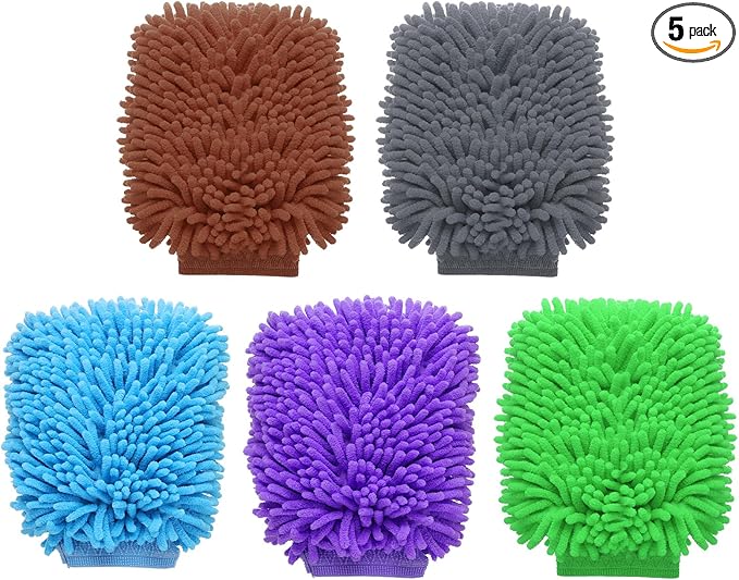 HARFINGTON 5pcs Chenille Microfiber Car Wash Mitts 9" x 5.5" Scratch Free Wash Gloves Absorbent Double Sided Plush Cleaning Drying Mitts for Car Washing Home Clean 5 Colors Mitt