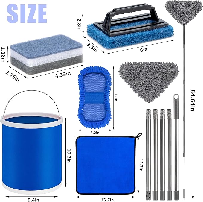 AUTODECO Boat Wash Cleaning Kit with Wet Dry Mop Collapsible Bucket Boat Scrubbing Brush Glove Boat Scuff Sponge Microfiber Towel Complete Interior Exterior Fiberglass Boat Hull Cleaning Set for Boat