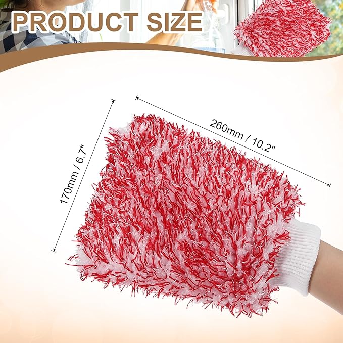 HARFINGTON 2pcs Chenille Microfiber Car Wash Mitts 10.2" x 6.7" Scratch Free Wash Gloves Absorbent Double Sided Plush Cleaning Drying Mitts for Car Washing Home, Red
