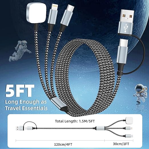 3 in 2 USB A/USB C Cable for Watch Charger, Multi Charging Cable iPhoe Charger Cord, Travel Charger for Multiple Devices Compatible with iWatch Ultra/SE/11-2, iPhone17-6, Pad, Android-5FT