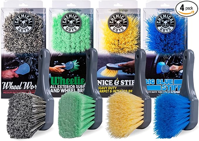 Chemical Guys All Duty Brush Kit, ACCG09 Wheel Works Brush + ACCG02 Nice & Stiff Heavy Duty Carpet & Interior Brush + ACCG05 Big Blue Stiffy Heavy Duty Brush + ACCG08 Wheelie Exterior Surface Brush