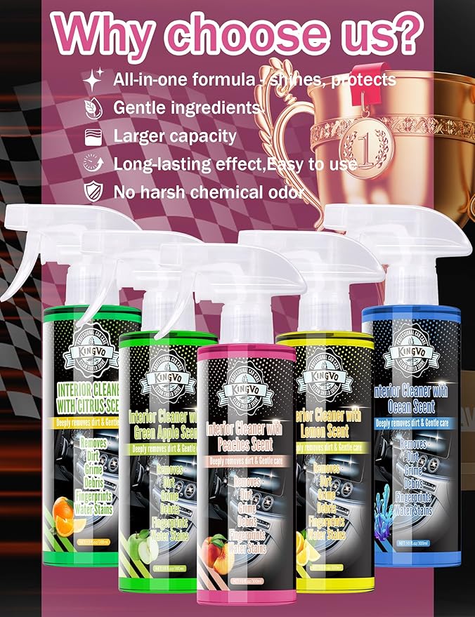 Kingvo Car Interior Cleaner, Interior Cleaner Carpet Dashboard Vinyl Sofa Leather Shiny Car Stuff Detailing Kit Cleaning Supplies,Peach Scent