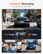3 Channel 4K Dash Cam with STARVIS 2 Sensor, Free 128GB Card and WiFi 6 up to 20MB/s, Dash Camera for Cars with Front Rear Inside, 4K 2K 1080P, IR Night Vision, GPS, 24H Parking Mode, G-Sensor