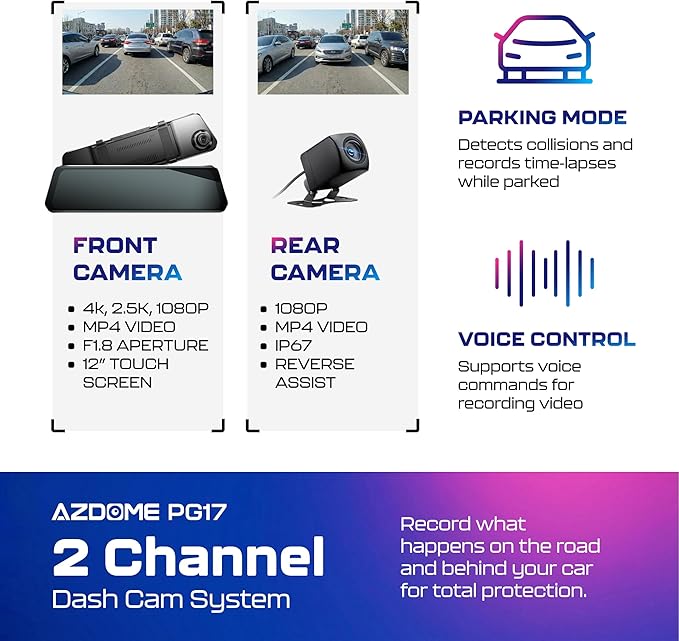 AZDOME PG17 2CH Mirror Dash Cam 4K - 12" Touch Screen - 24H Parking Mode - Mirror Dash Cam - Minimize Blind Spots - Built-in GPS & WiFi - Reverse Assist - Supports Voice Command