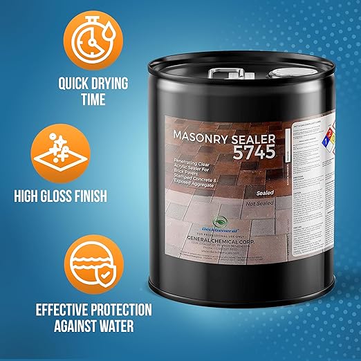 DeckGeneral High Gloss Masonry Sealer 5745 - Heavy Duty Outdoor Concrete Sealer - Multi-Purpose Acrylic-Based Waterproof Coating for Bricks, Mortar, Patio, Stairs, Walls, Pavement Etc. - 5 Gallon