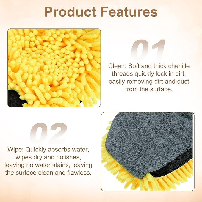 HARFINGTON Chenille Microfiber Car Wash Mitts 9.8" x 7.9" Scratch Free Wash Gloves Absorbent Double Sided Plush Cleaning Drying Mitts for Car Washing Home Clean, Yellow