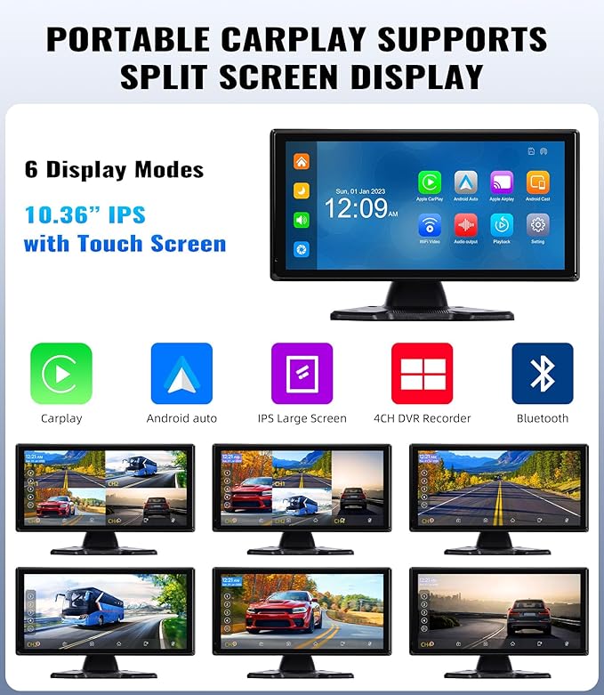 1080P Backup Camera System Kit with CarPlay,10.36" Touch Screen Reversing Monitor with Record Function,Night Vision DVR,IP68 Waterproof,Reverse/Side View Camera for RV/Semi Box Truck(12-36V)