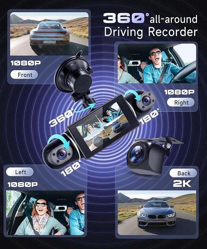 360° Dash Cam Front/Rear/Inside/Side 4-Channel Dash Camera FHD 2K+1080P×3 Car Dash Cam with WiFi, APP Control, 64GB SD Card Included, 8 IR Night Vision, G-Sensor, 24/7 Parking Mode