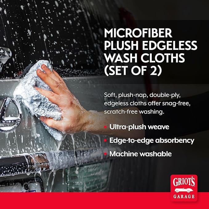 Griot's Garage Microfiber Plush Edgeless Wash Cloths for Car Cleaning, Scratch-Free, Machine-Washable, 12" x 12", Set of 2, 10295